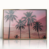 Mid-century modernist art depicting a Caribbean scenery on a gold-framed acrylic, with vibrant tropical hues.