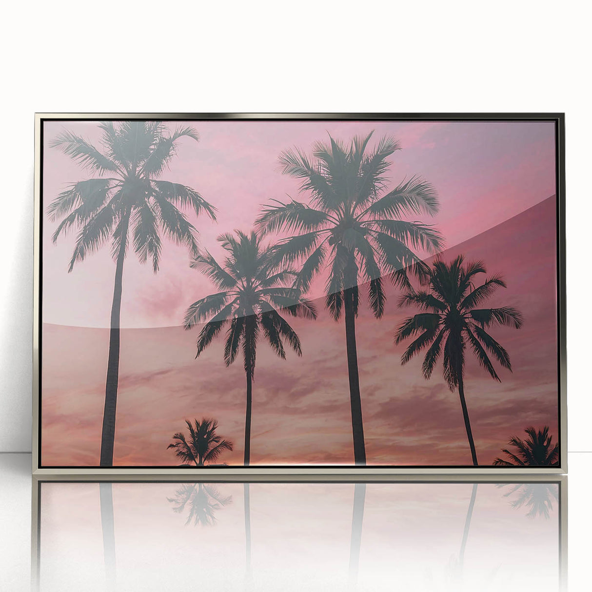 Framed acrylic print of a Caribbean scenery in art deco style, with silver hues, ideal for modern art wall decor.