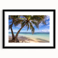 Extra large abstract art print featuring a vibrant, colorful Caribbean scenery on textured canvas, framed with a black mat.
