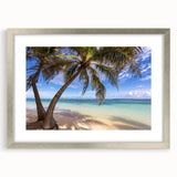 Extra large abstract art print of Caribbean scenery in muted blue and green tones on a textured canvas, framed in silver.