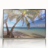 Art deco poster of a Caribbean Martinique scenery in silver-framed acrylic, suitable for modern nursery decor.