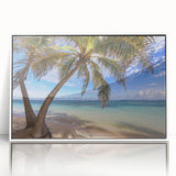 Framed acrylic print of a Caribbean Martinique scenery in muted blue and green, ideal for modern art wall decor.