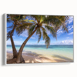 Vintage poster art of a Caribbean scenery on framed canvas, with vibrant colors, ideal for living room decor.