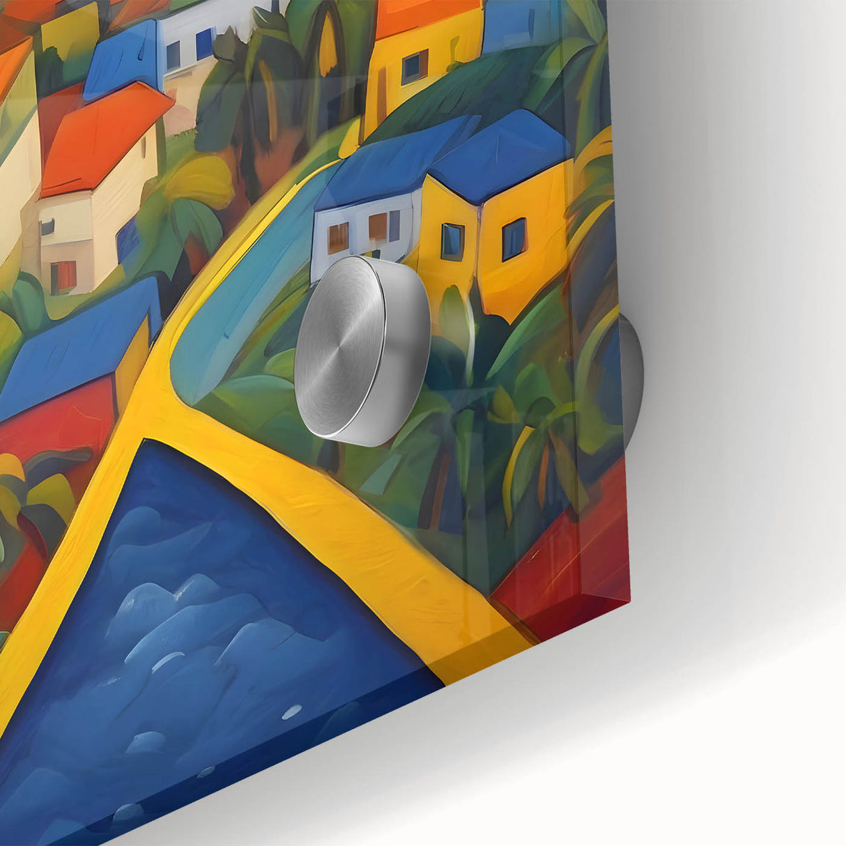 Large abstract depiction of Saint Lucia in vibrant oceanic and forest green hues on acrylic glass, ideal for dining room art.