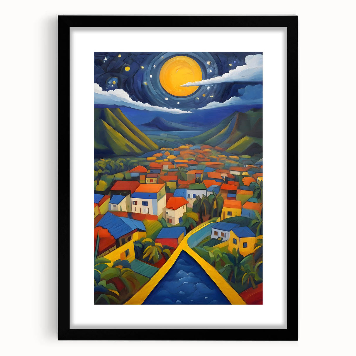 Extra large abstract art print of a vibrant Caribbean scene in Saint Lucia, with textured colors on a framed canvas.