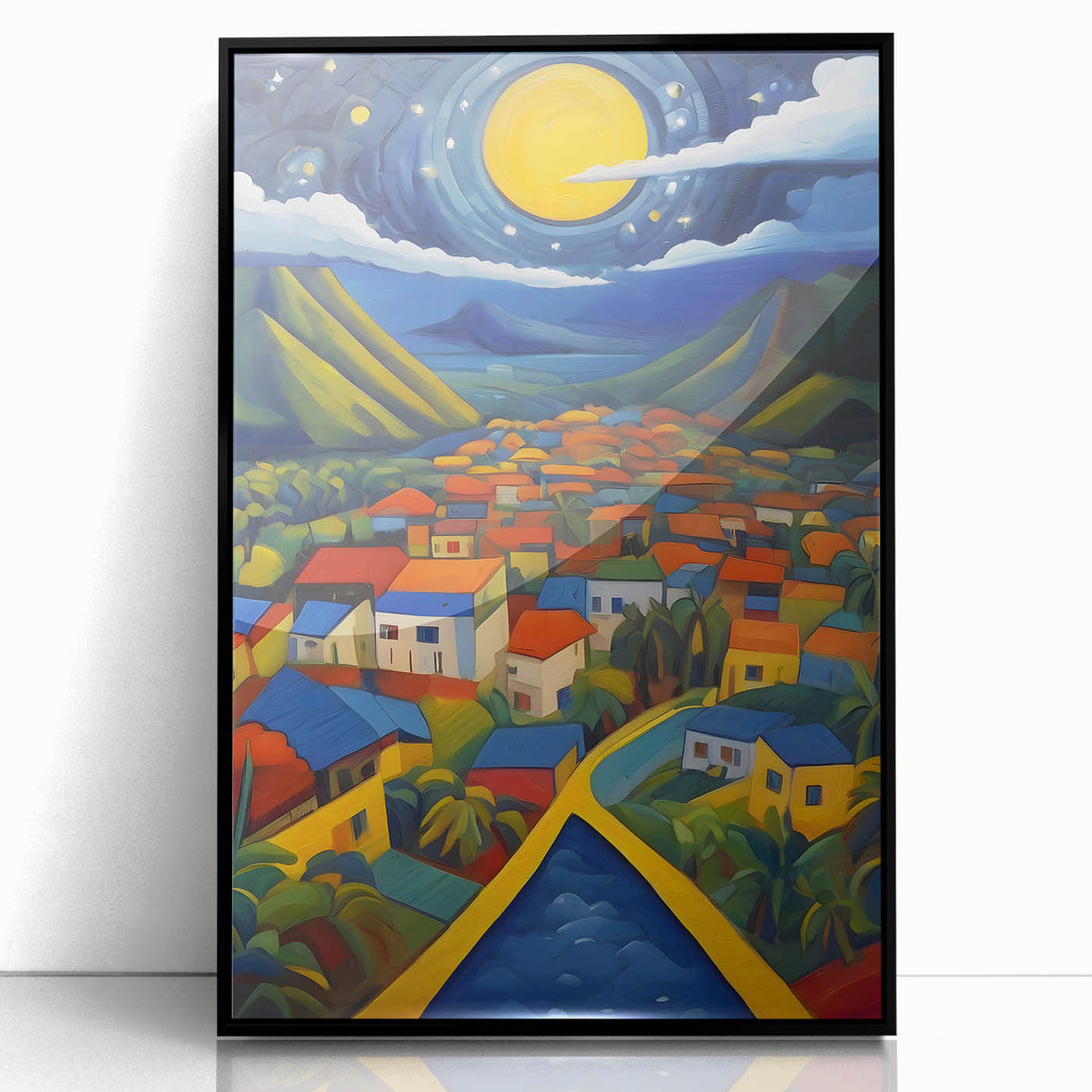 Large abstract wall art depicting the Caribbean Saint Lucia scenery in vibrant blue and green tones, framed in black acrylic.