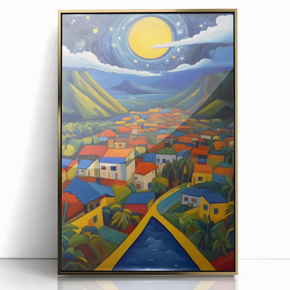 Framed acrylic print of a Caribbean scenery in Saint Lucia with vibrant blue and green tones.