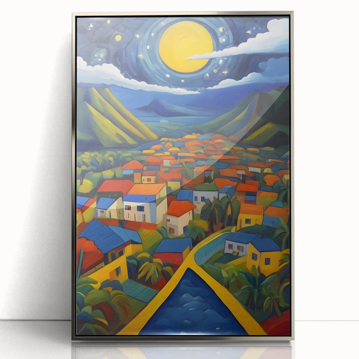 Large art print of a Caribbean landscape in Saint Lucia with vibrant green and blue tones, framed in silver acrylic.