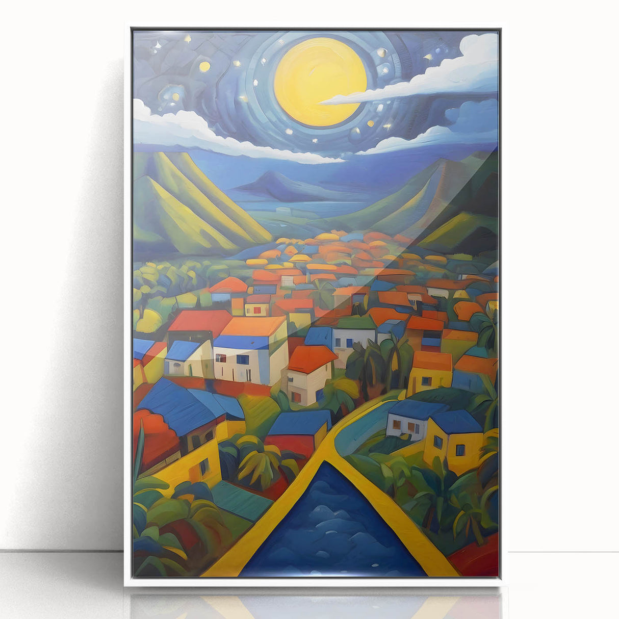 Mid-century modernist art depicting a serene Caribbean landscape on a white-framed acrylic print.