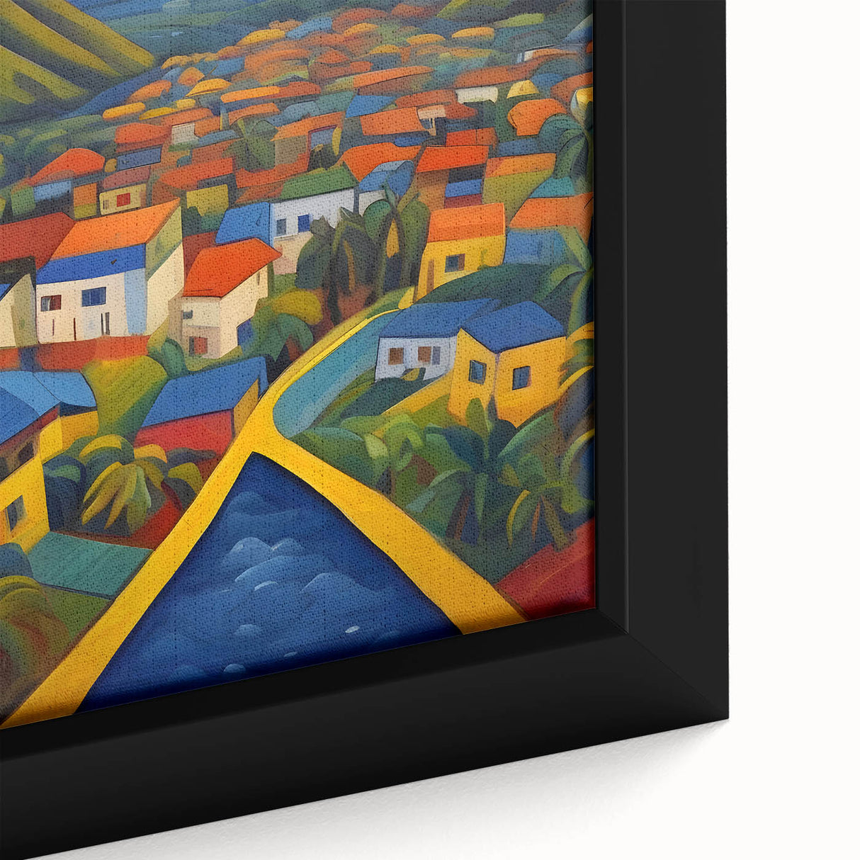 Extra large framed canvas of a textured Caribbean Saint Lucia scenery in black with colorful art accents.