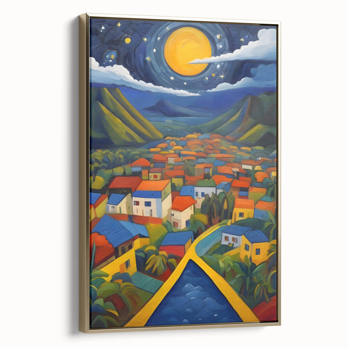 Framed canvas of a vintage-style landscape painting depicting the lush scenery of Saint Lucia.