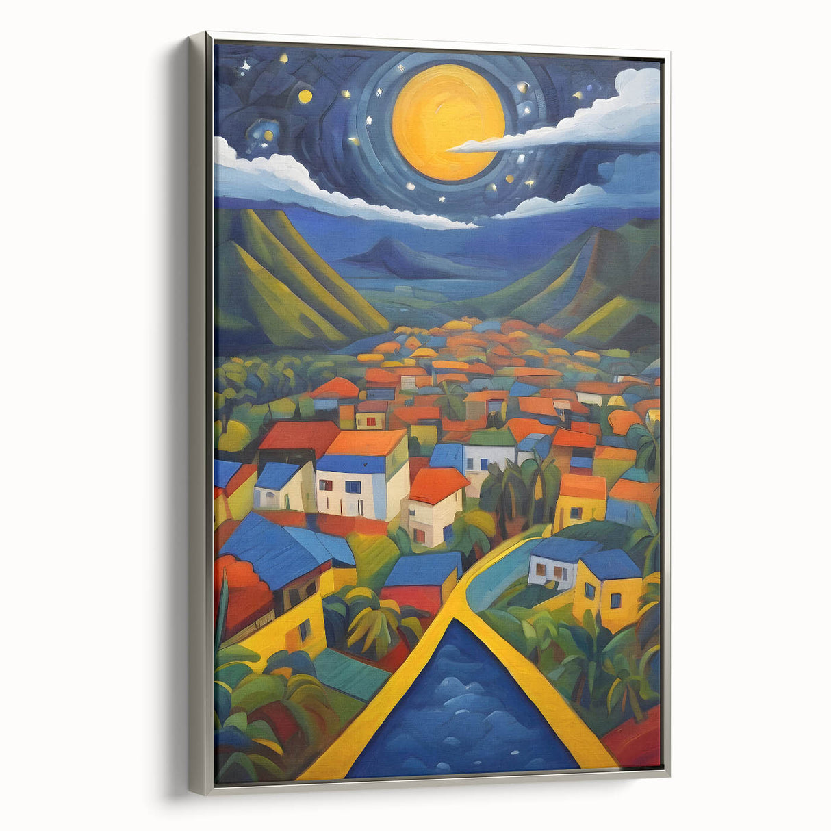 Framed canvas featuring a vintage-style landscape painting of Saint Lucia with vibrant colors on a black background.
