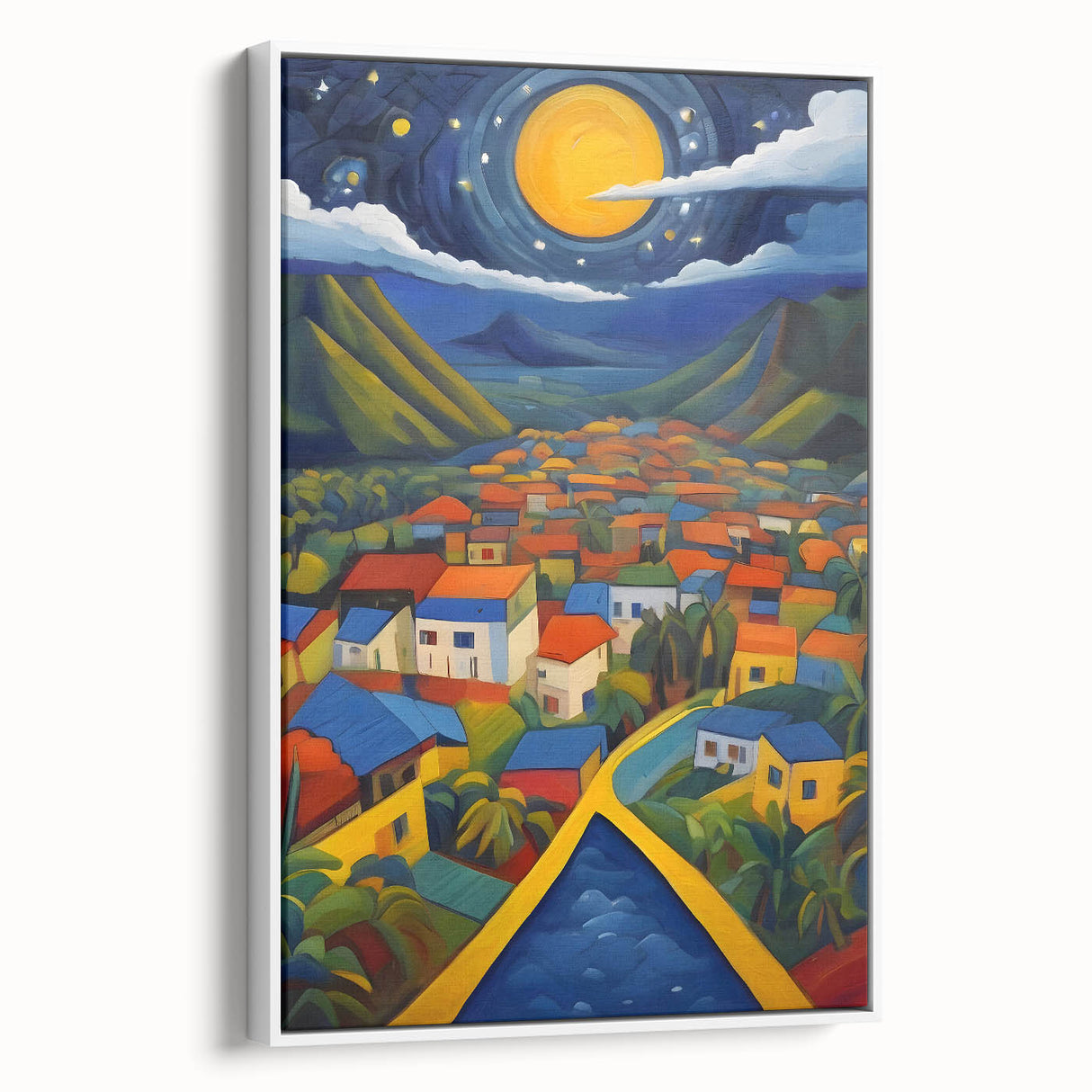 Vintage poster art of Saint Lucia scenery on framed canvas, featuring vibrant colors, ideal for living room decor.