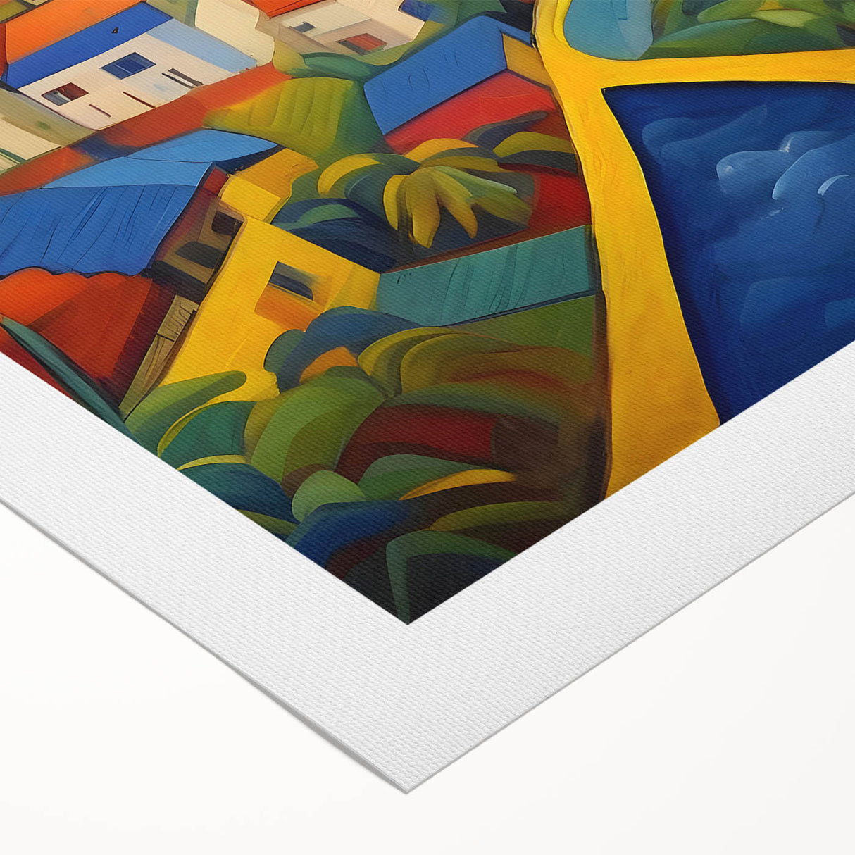 Art deco poster of Caribbean Saint Lucia scenery on rolled canvas, featuring vibrant blue and green tones.