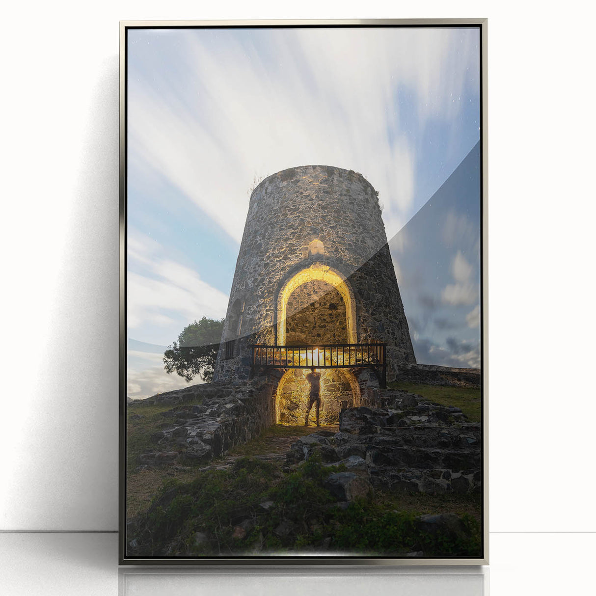 Framed acrylic print of a Caribbean Virgin Islands scenery in silver frame, featuring mid-century modernist style.