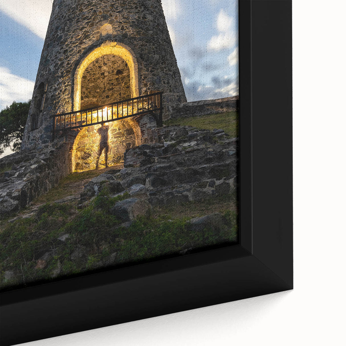 Framed canvas of a Caribbean Virgin Islands scenery in black with colorful, textured detail, ideal for living room decor.