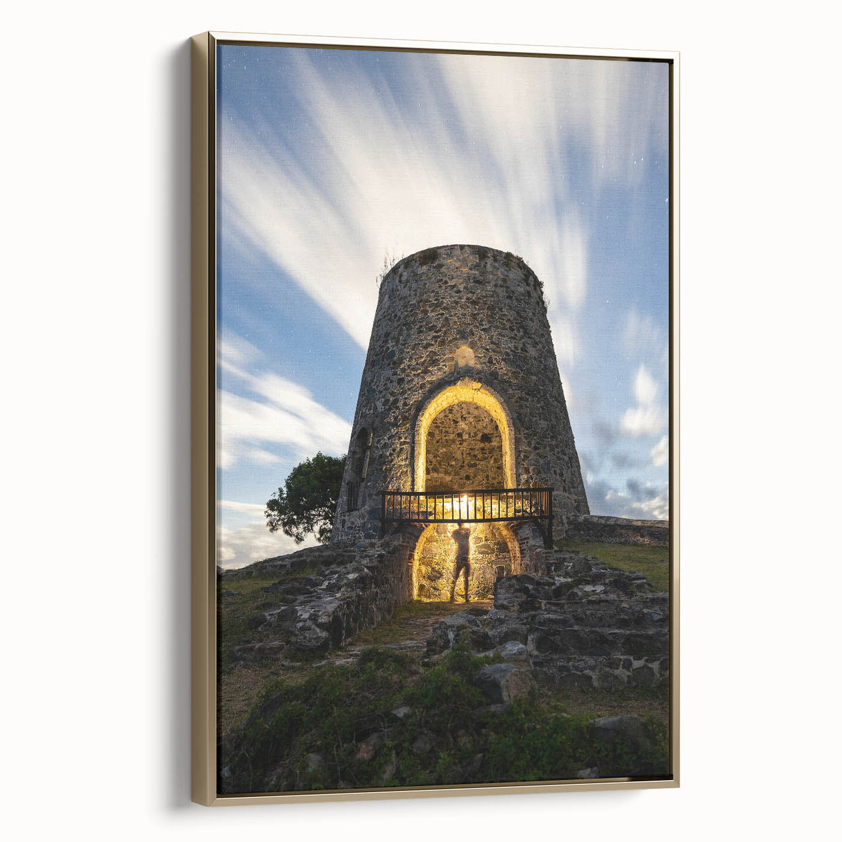 Framed canvas of a vintage-style Caribbean Virgin Islands landscape in muted gold and black tones.