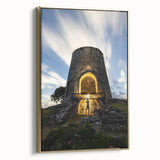 Framed canvas of a vintage-style Caribbean Virgin Islands landscape in muted gold and black tones.