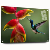 Acrylic print of a Costa Rican landscape with lush greenery and a waterfall, in vivid green and blue tones.