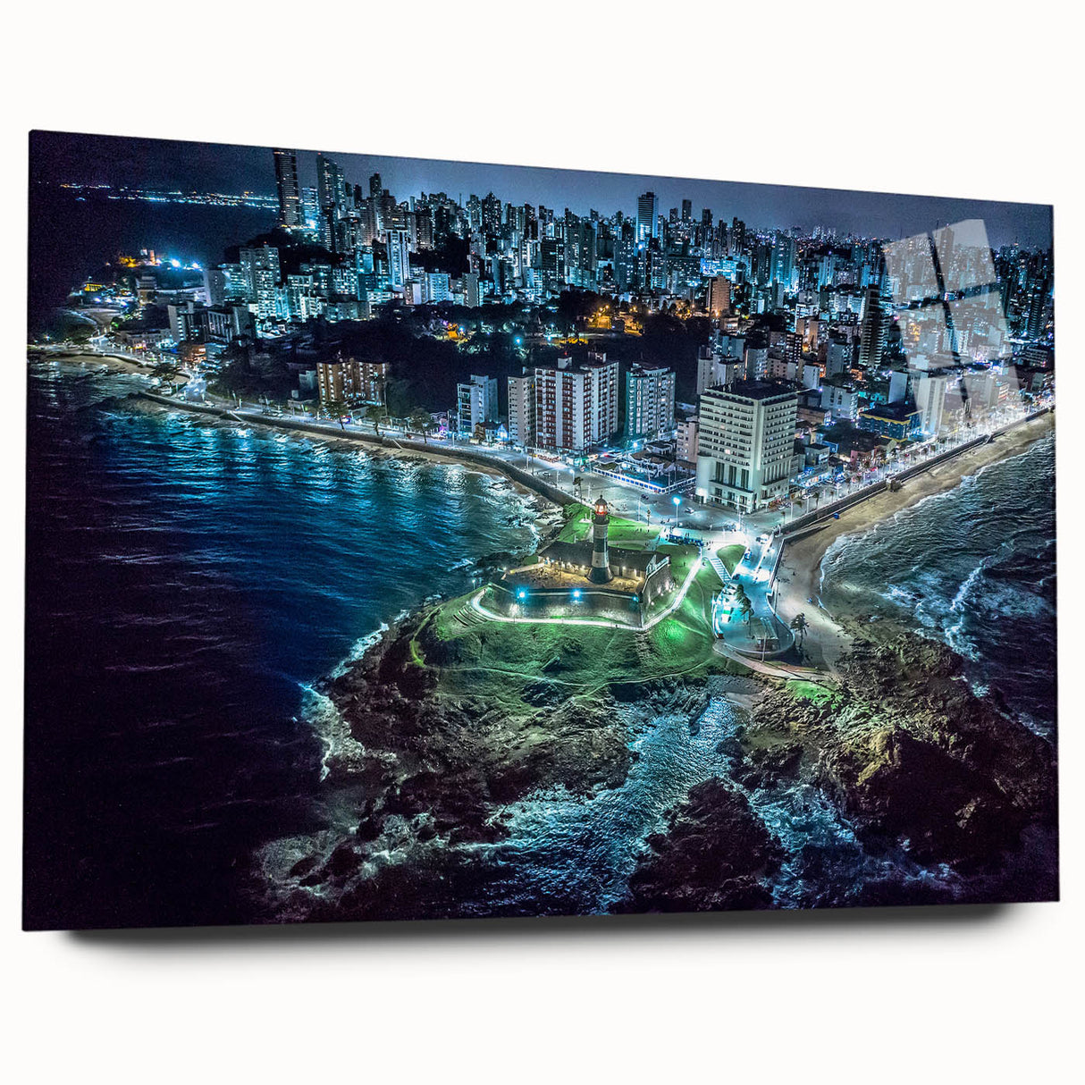 Large abstract wall art depicting a Central American scenery in muted earth tones on acrylic glass.