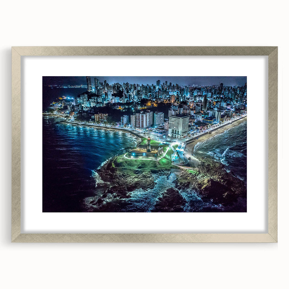Textured abstract art print depicting a Central American scenery in muted earth tones, framed with a silver mat.
