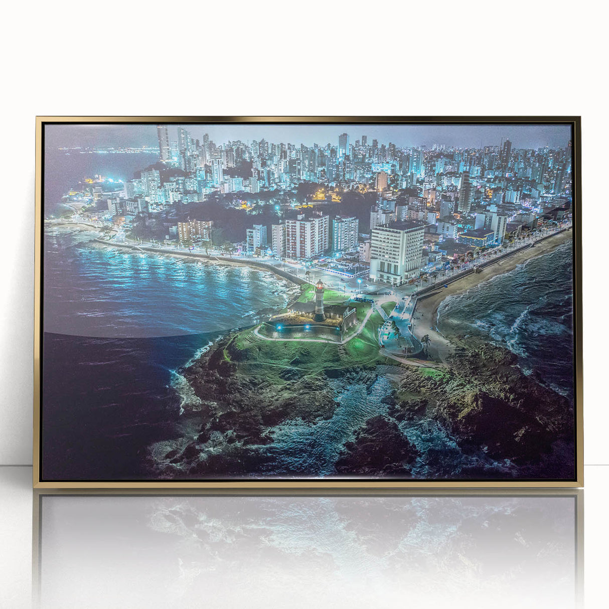 Large art print of a Salvadoran landscape in mid-century modern style, acrylic in gold frame, ideal for modern decor.