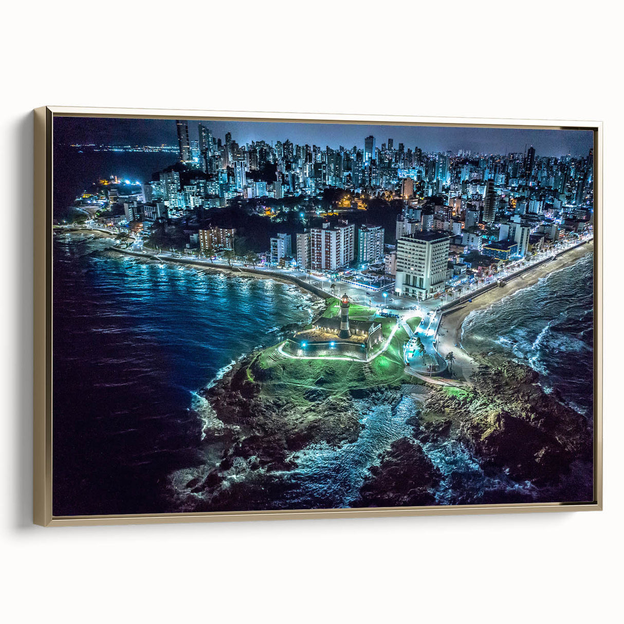 Framed canvas wall art of a vintage-style El Salvador landscape in black and gold tones, ideal for bedroom decor.