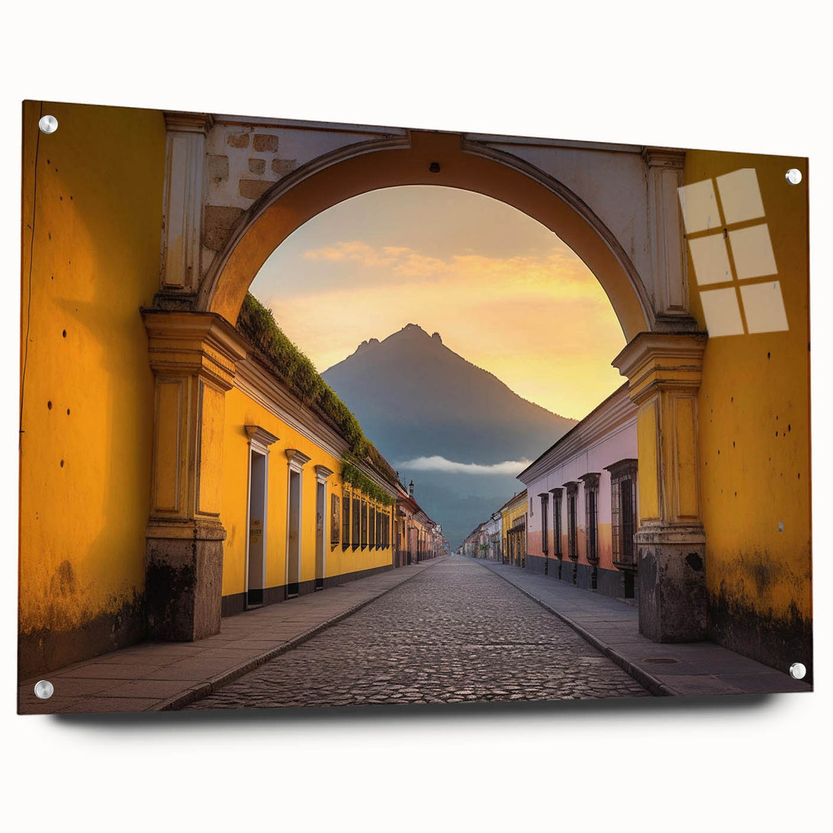 Acrylic print of a Central American landscape in muted earth tones, ideal for dining room decor.