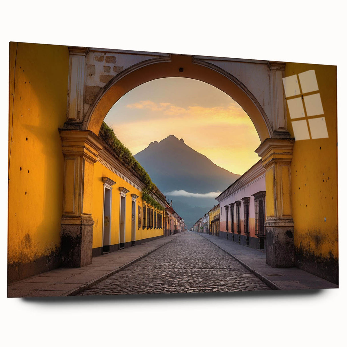 Large abstract wall art of a Central American scenery in muted earth tones on acrylic glass.