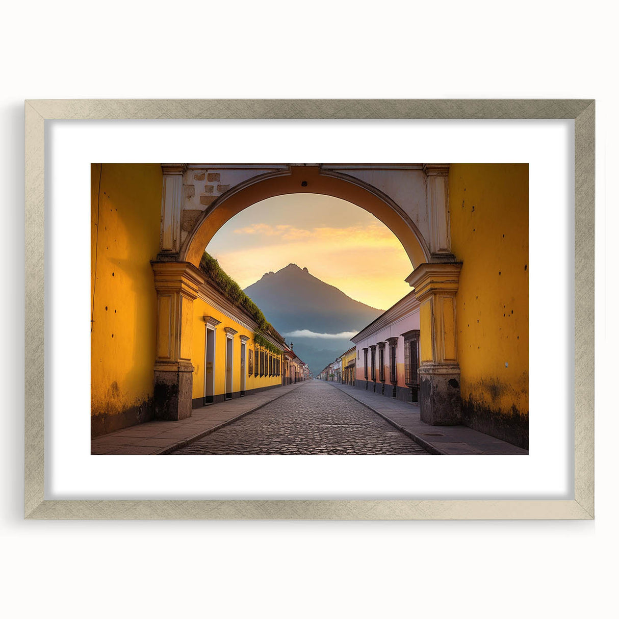 Textured abstract art print depicting a Central American scenery in muted earth tones, framed with a silver mat.