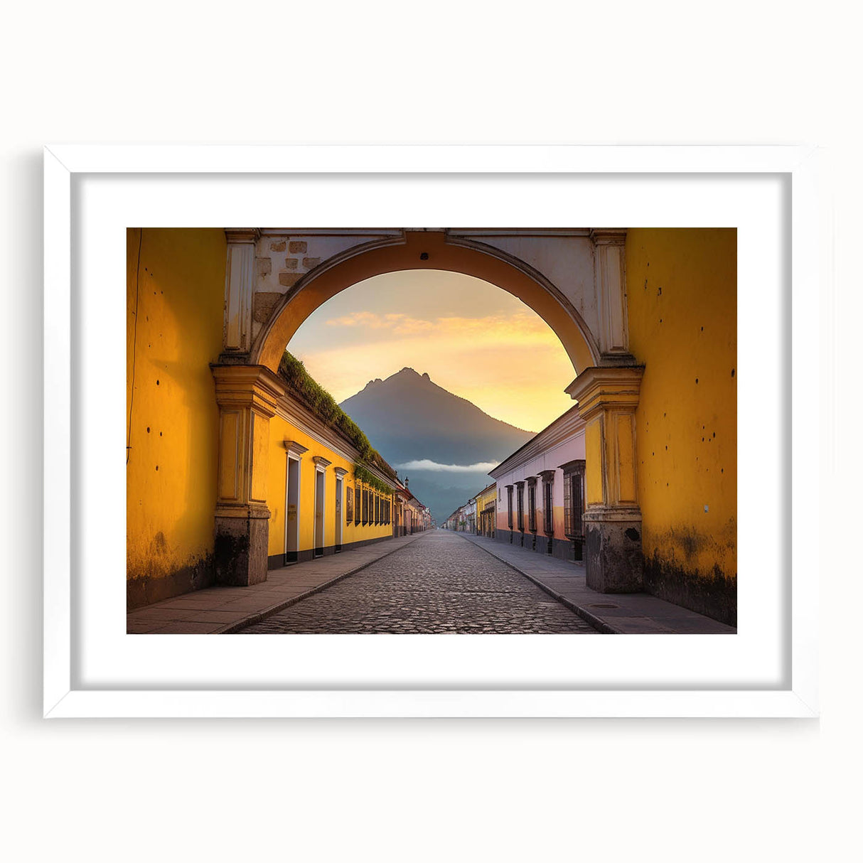 Abstract art print of Central American scenery in muted earth tones on a white framed mat, ideal for dining room decor.