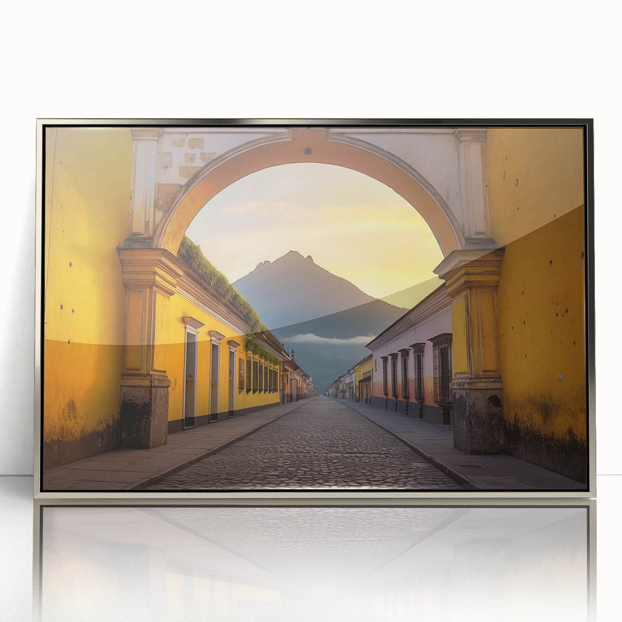 Mid-century modernist art of a Central American landscape in muted earth tones on a silver-framed acrylic print.