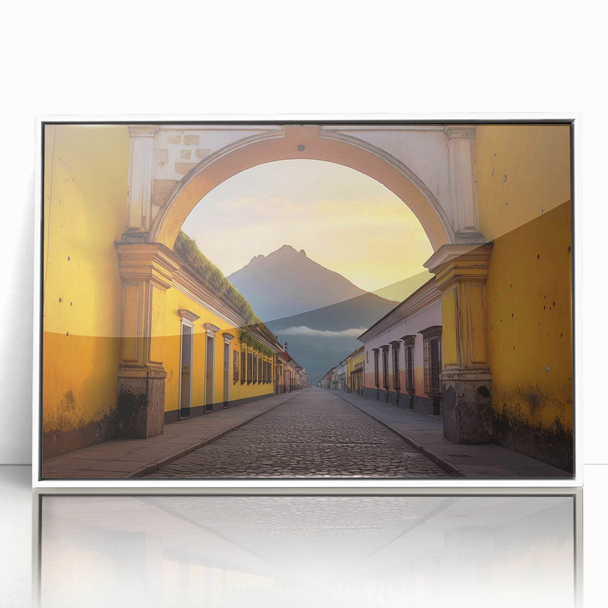 Framed acrylic print of a serene Guatemalan landscape in soft earth tones, ideal for modern nursery wall art.