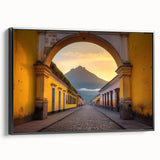 Black and white framed canvas depicting a vintage Guatemalan landscape, ideal for bedroom wall art.