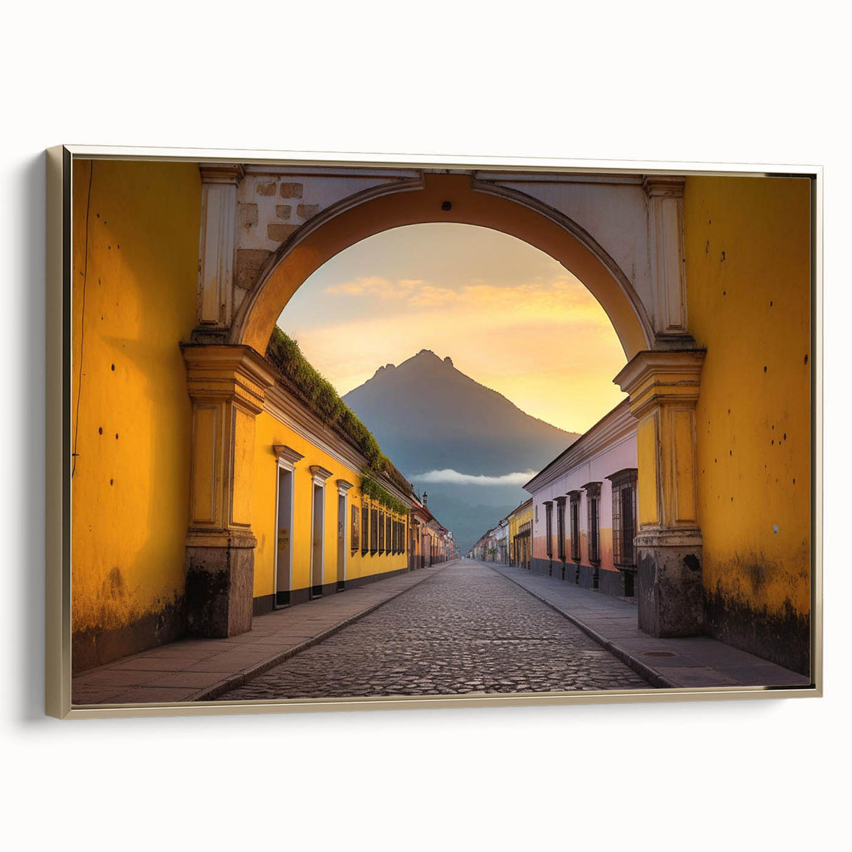 Framed canvas featuring a vintage-style landscape painting of Central America with gold and black tones.