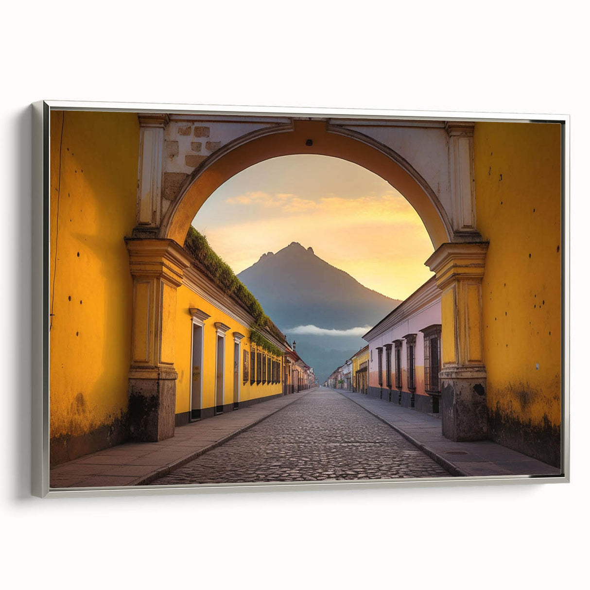 Framed canvas landscape art painting depicting a colorful Guatemala scenery, ideal for living room decor.