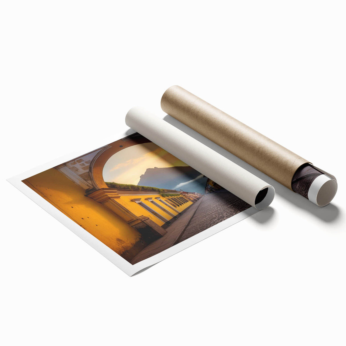 Extra large rolled print featuring a Central American scenery with vibrant floral elements.