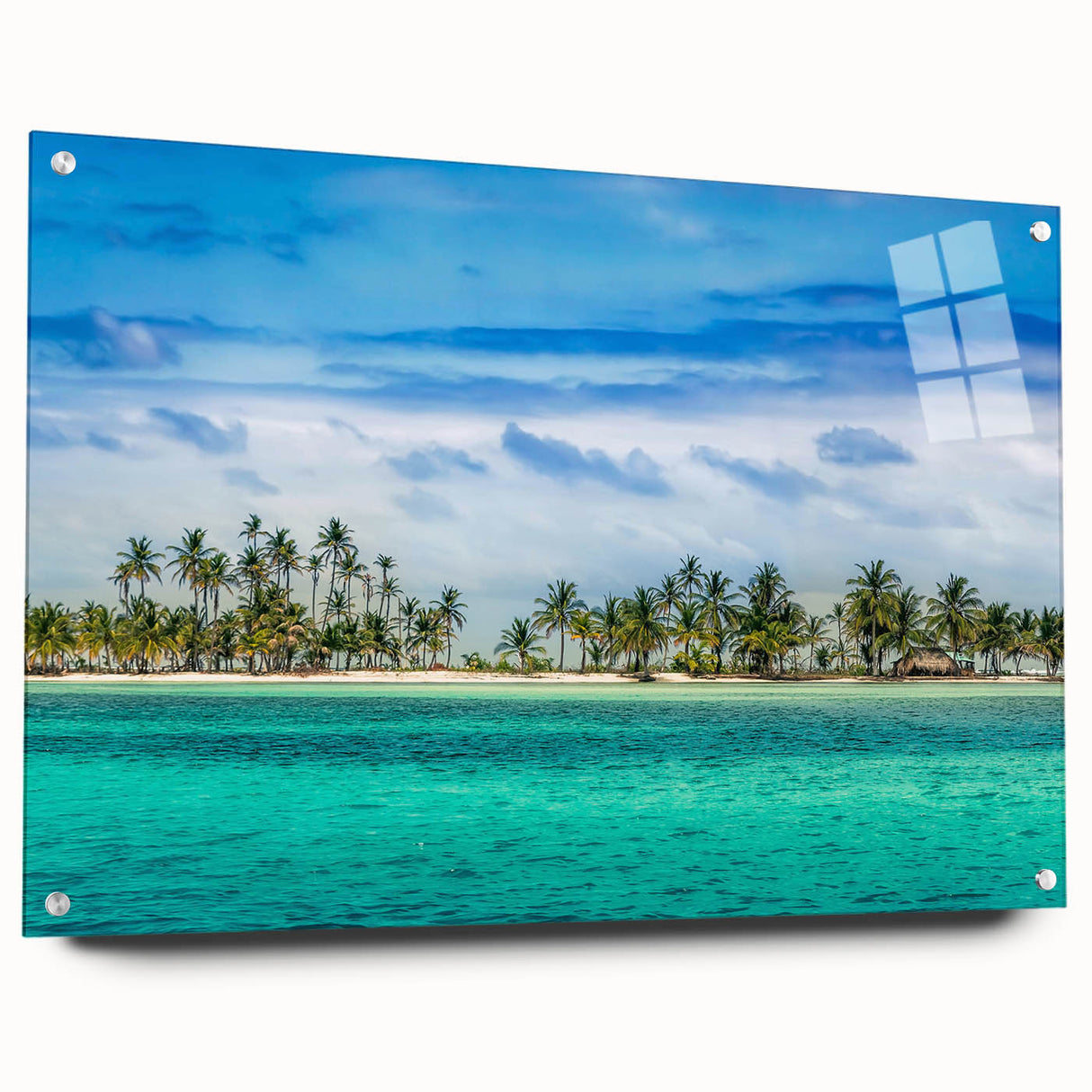 Large abstract wall art depicting Central America scenery in vibrant hues on acrylic glass.