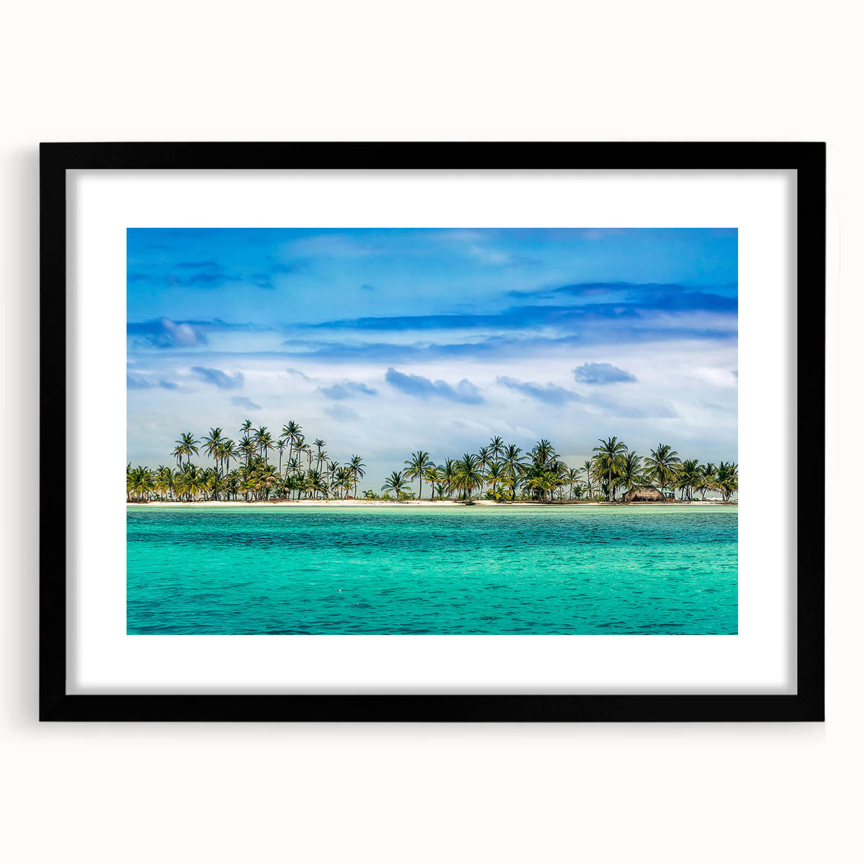Extra large abstract art print of Central American scenery in vibrant colors on a textured canvas, framed in black.