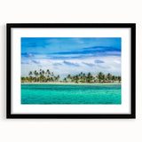 Extra large abstract art print of Central American scenery in vibrant colors on a textured canvas, framed in black.