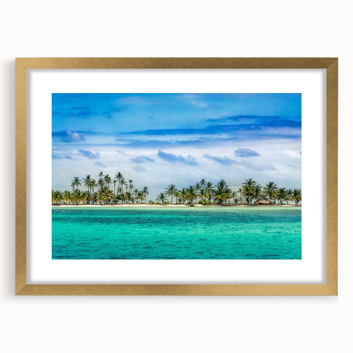 Extra large abstract art print featuring textured scenery of Central America in gold frame, ideal for living room decor.