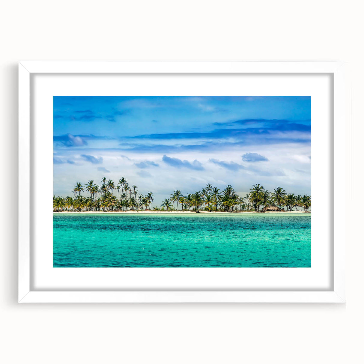 Abstract art print of Central America scenery in muted earth tones on a white framed mat, suitable for dining room decor.