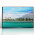 Large abstract wall art depicting a stylized Central American scenery in muted earth tones, framed in black acrylic.