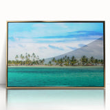 Large art print of a Central American scenery in Panama with a gold-framed acrylic, featuring mid-century modernist style.