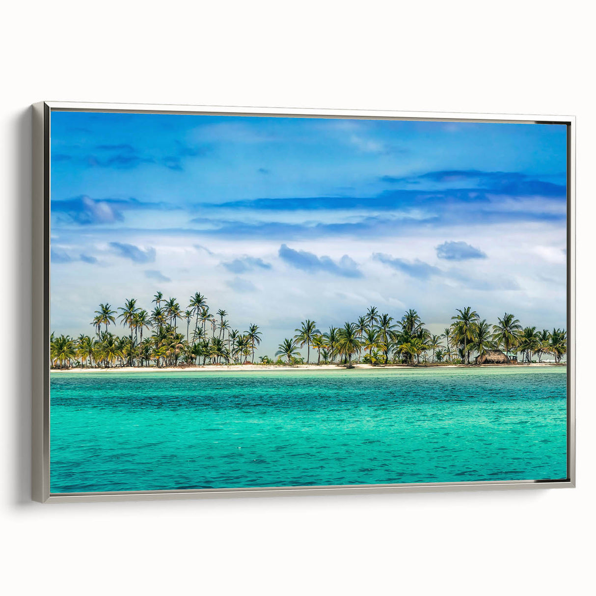 Framed canvas of a vintage-style landscape painting depicting Central American scenery in vibrant colors.