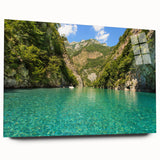 Large abstract wall art of Albanian scenery in muted blues and greens on acrylic glass.