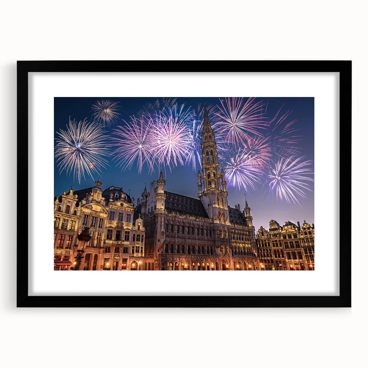Extra large, textured abstract art print of a colorful European scenery on a framed black mat, ideal for living room decor.