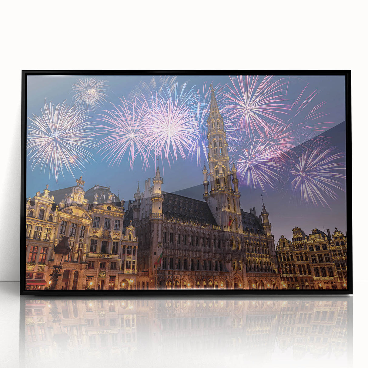 Large abstract wall art depicting a European scenery in muted earth tones on a framed acrylic.