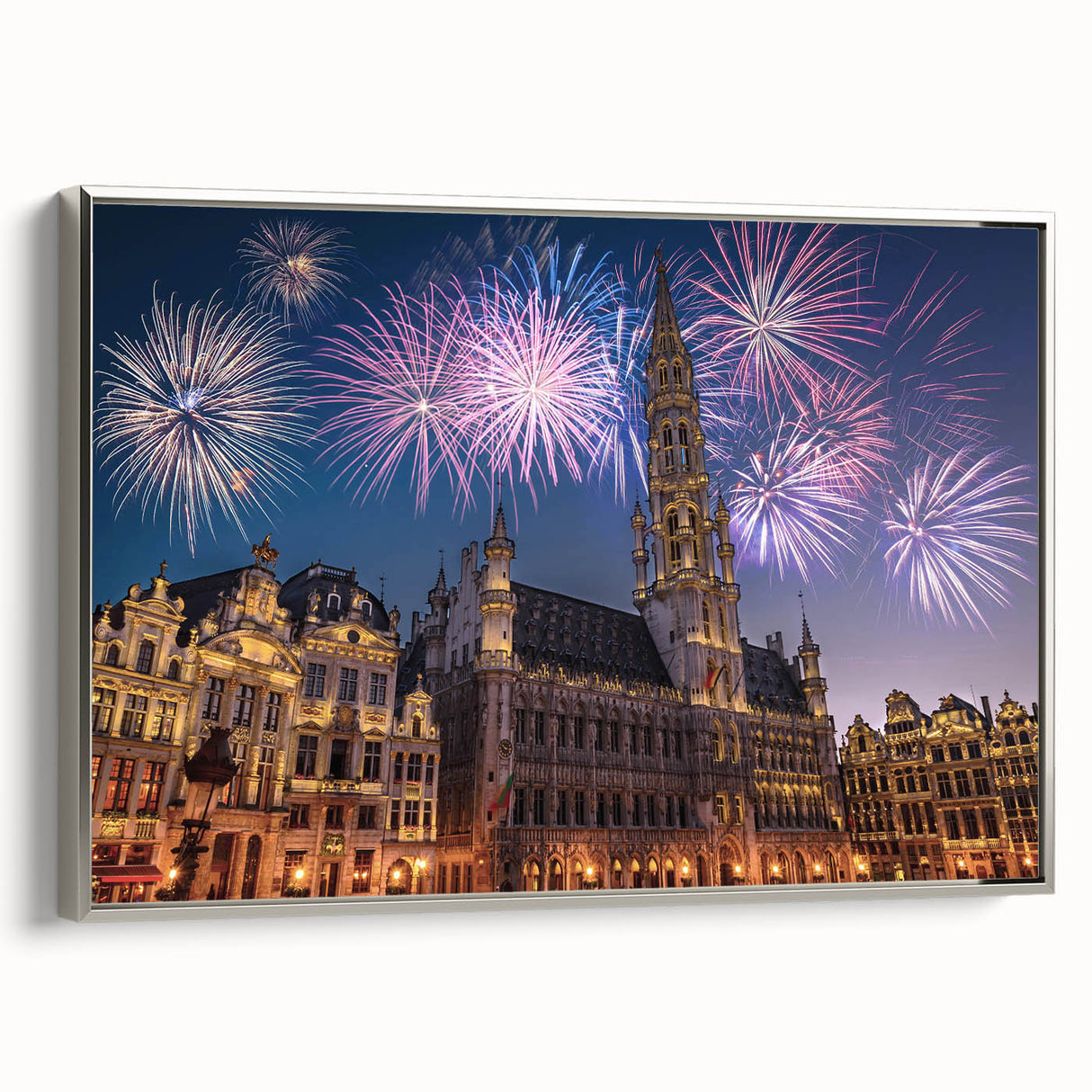 Framed canvas of a vintage-style landscape painting featuring colorful European scenery, ideal for living room decor.