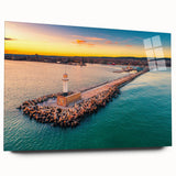 Large abstract wall art of a European scenery in muted blue and green tones on acrylic glass.